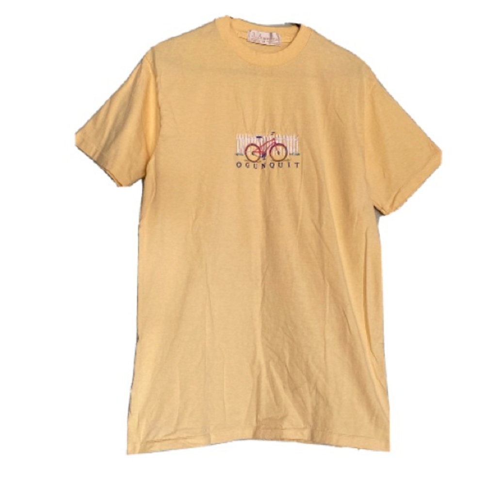 Vintage Single Stitch Pastel Yellow Embroidered Bicycle OGUNQUIT Medium T-shirt